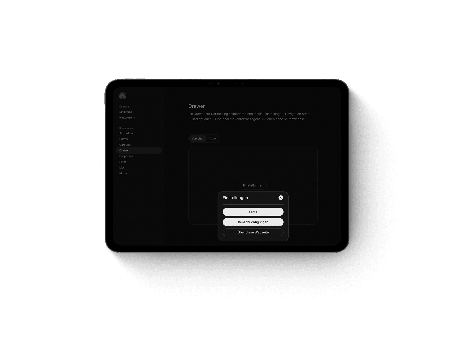 Übersicht des interaktiven Lehrprojekts mit animierten UI-Komponenten wie Drawer, Filter-Buttons und Accordions