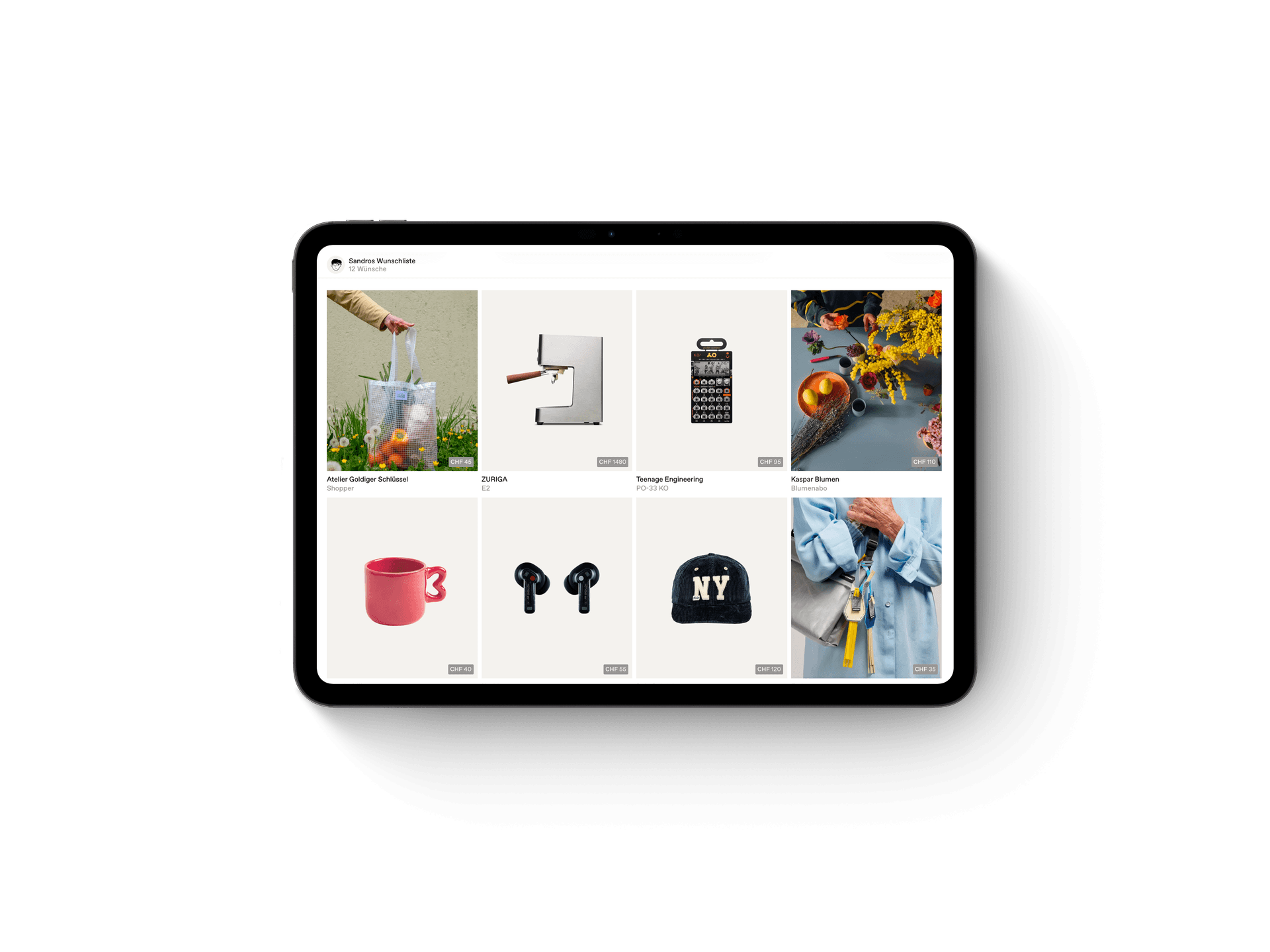 Kuratierte Wunschliste mit Produktbildern und reduziertem Layout auf der Gather-Plattform