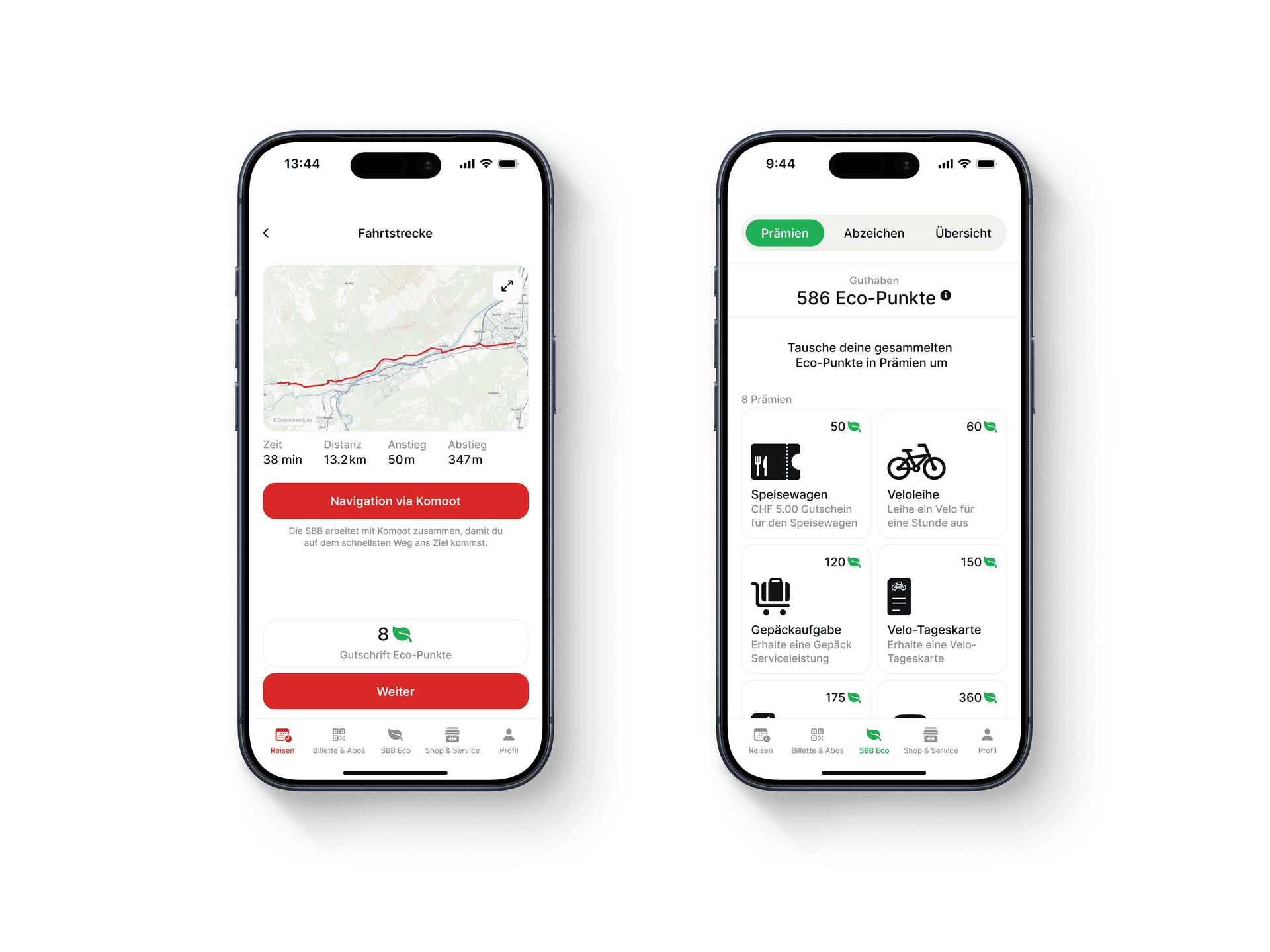 App-Screens des Eco-Punkte-Systems mit CO₂-Anzeige und Belohnungsübersicht